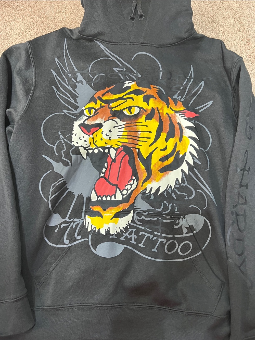 Ed Hardy Black Hoodie Crewneck with Vibrant Tiger Graphic